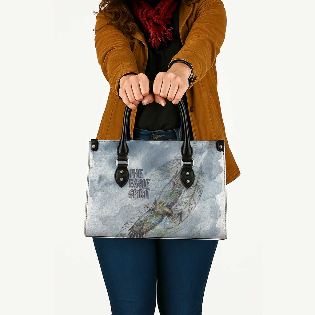 The Eagle Spirit Native American Leather Bag Soaring Bald Eagle and Tribal Feathers Watercolor Sky - Wonder Print Shop