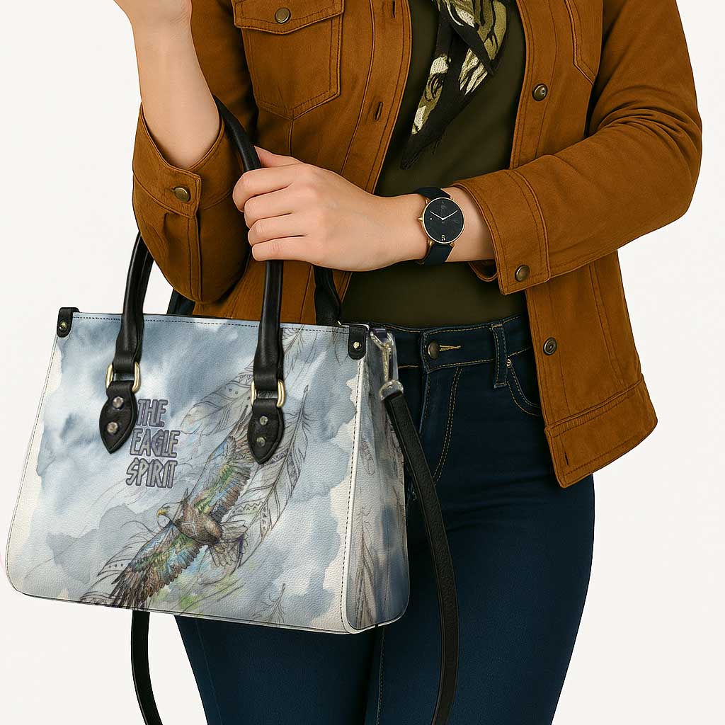 The Eagle Spirit Native American Leather Bag Soaring Bald Eagle and Tribal Feathers Watercolor Sky - Wonder Print Shop