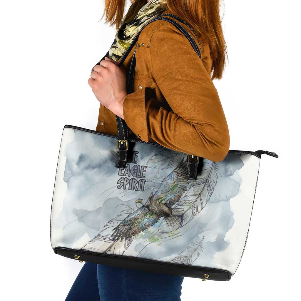 The Eagle Spirit Native American Leather Tote Bag Soaring Bald Eagle and Tribal Feathers Watercolor Sky - Wonder Print Shop