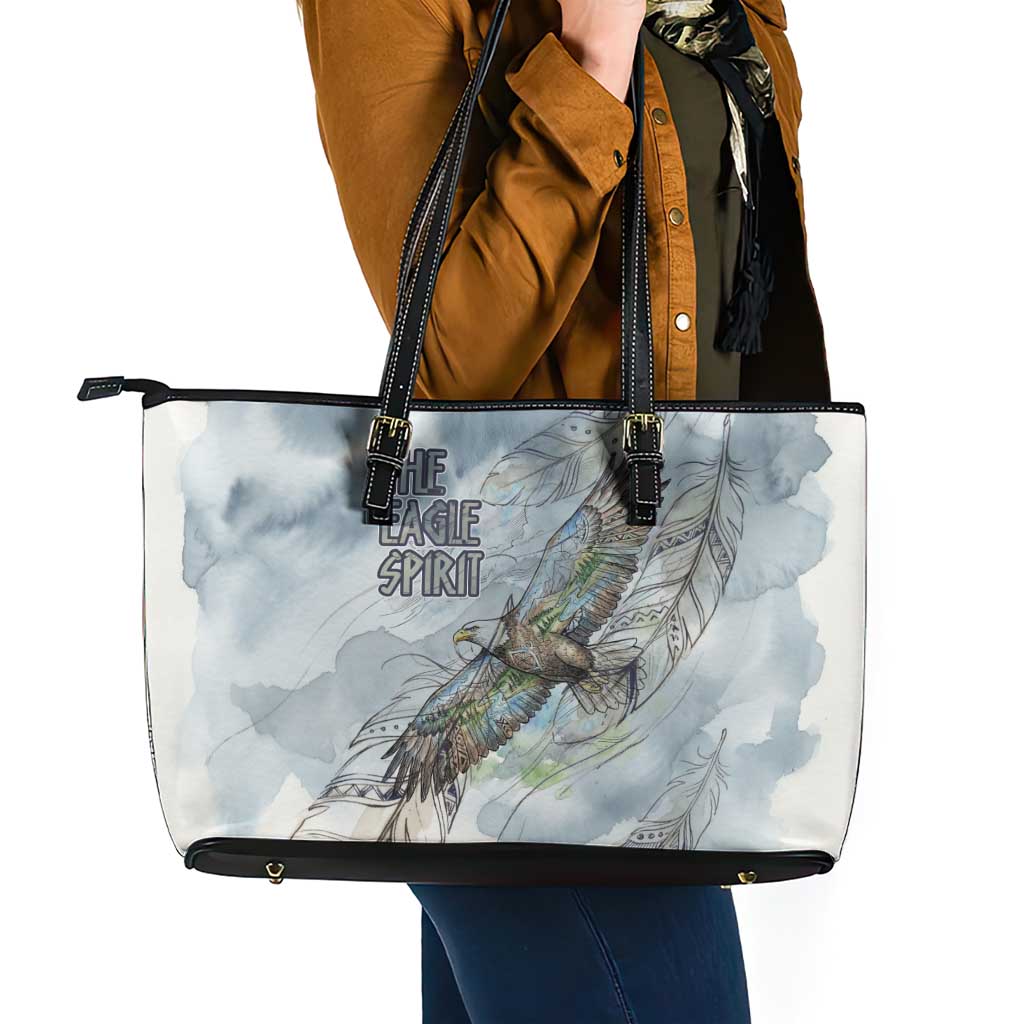 The Eagle Spirit Native American Leather Tote Bag Soaring Bald Eagle and Tribal Feathers Watercolor Sky - Wonder Print Shop