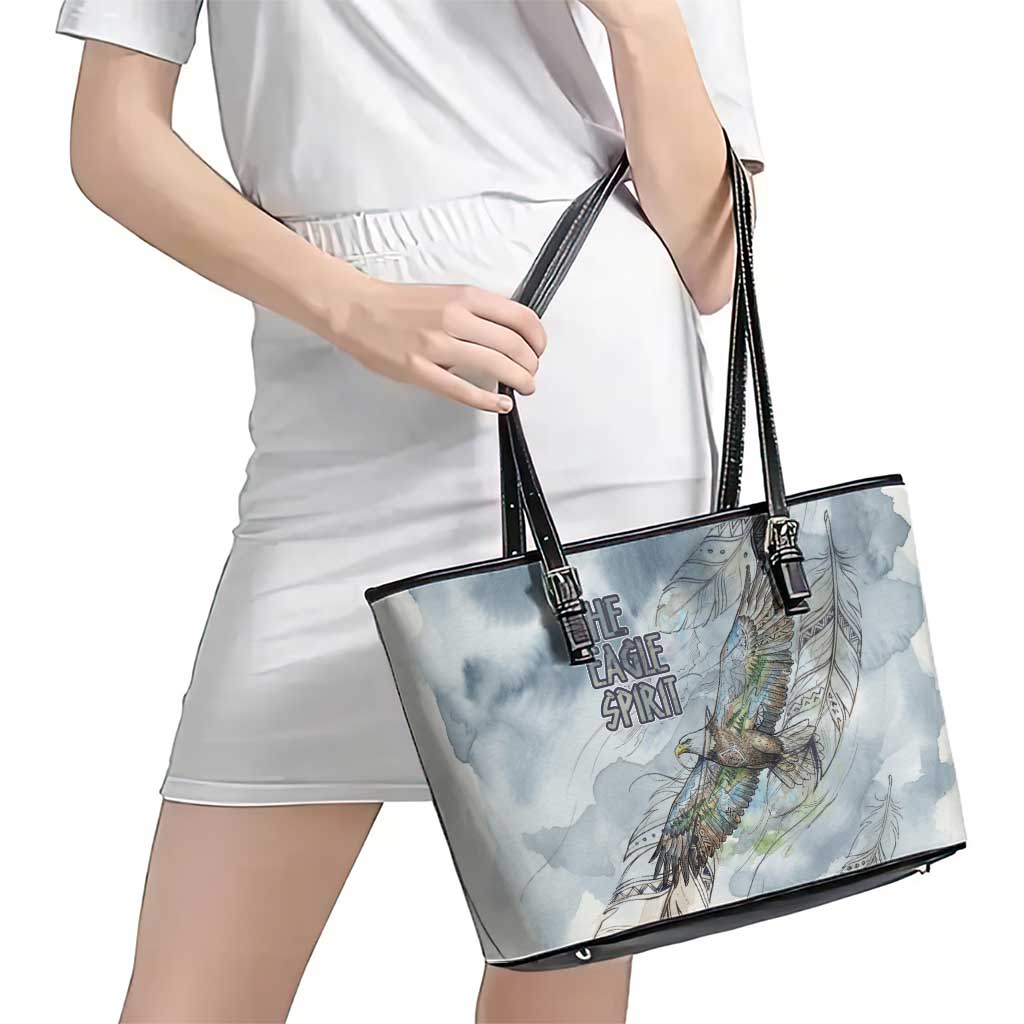 The Eagle Spirit Native American Leather Tote Bag Soaring Bald Eagle and Tribal Feathers Watercolor Sky - Wonder Print Shop