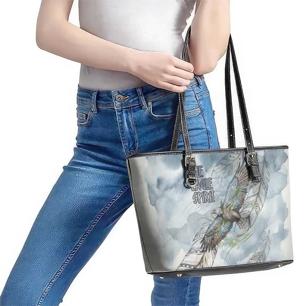The Eagle Spirit Native American Leather Tote Bag Soaring Bald Eagle and Tribal Feathers Watercolor Sky - Wonder Print Shop