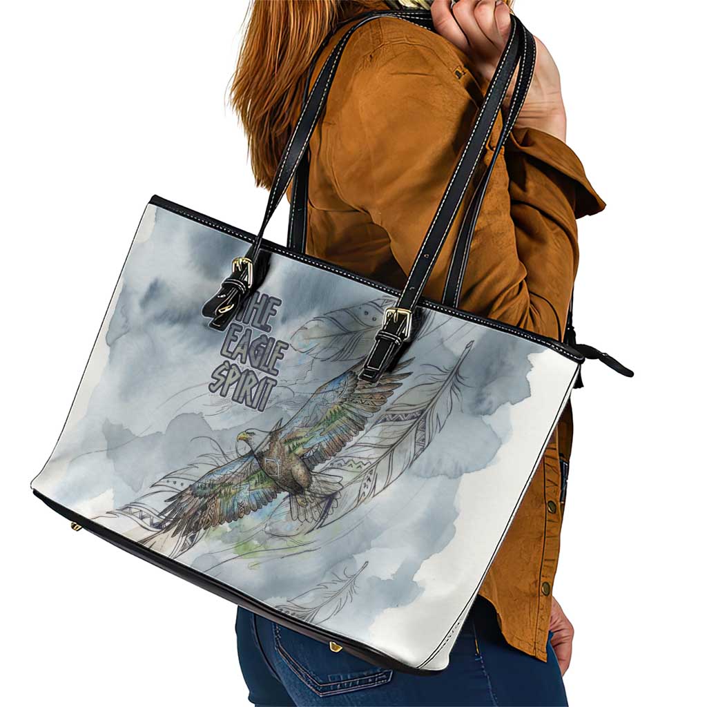 The Eagle Spirit Native American Leather Tote Bag Soaring Bald Eagle and Tribal Feathers Watercolor Sky - Wonder Print Shop