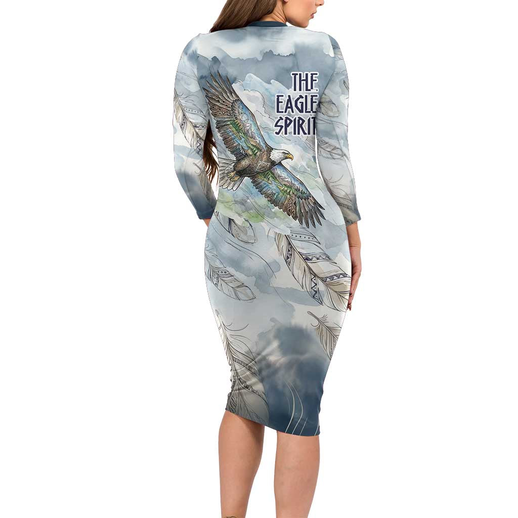 The Eagle Spirit Native American Long Sleeve Bodycon Dress Soaring Bald Eagle and Tribal Feathers Watercolor Sky - Wonder Print Shop