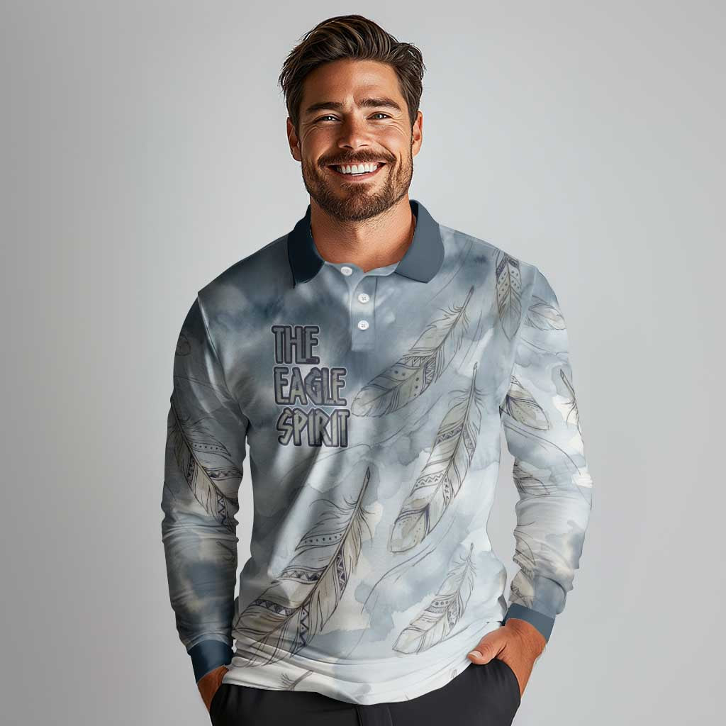 The Eagle Spirit Native American Long Sleeve Polo Shirt Soaring Bald Eagle and Tribal Feathers Watercolor Sky - Wonder Print Shop