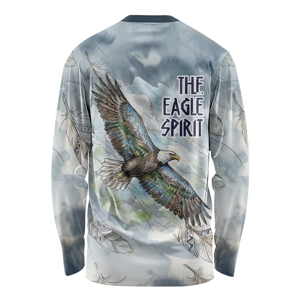 The Eagle Spirit Native American Long Sleeve Shirt Soaring Bald Eagle and Tribal Feathers Watercolor Sky - Wonder Print Shop