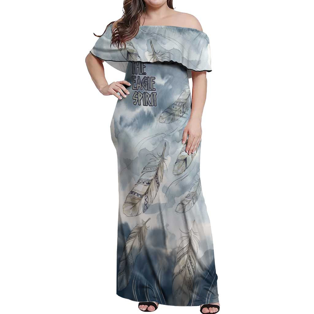 The Eagle Spirit Native American Off Shoulder Maxi Dress Soaring Bald Eagle and Tribal Feathers Watercolor Sky - Wonder Print Shop