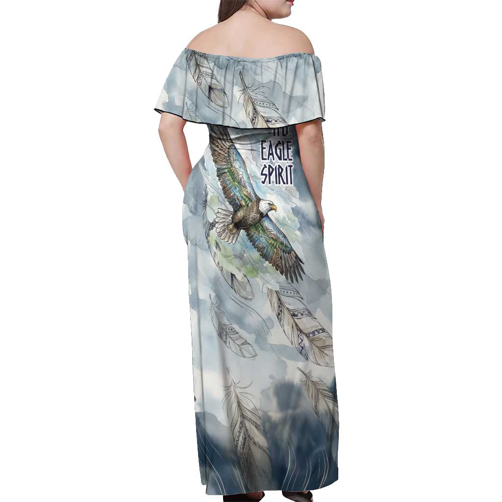 The Eagle Spirit Native American Off Shoulder Maxi Dress Soaring Bald Eagle and Tribal Feathers Watercolor Sky - Wonder Print Shop