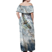 The Eagle Spirit Native American Off Shoulder Maxi Dress Soaring Bald Eagle and Tribal Feathers Watercolor Sky - Wonder Print Shop