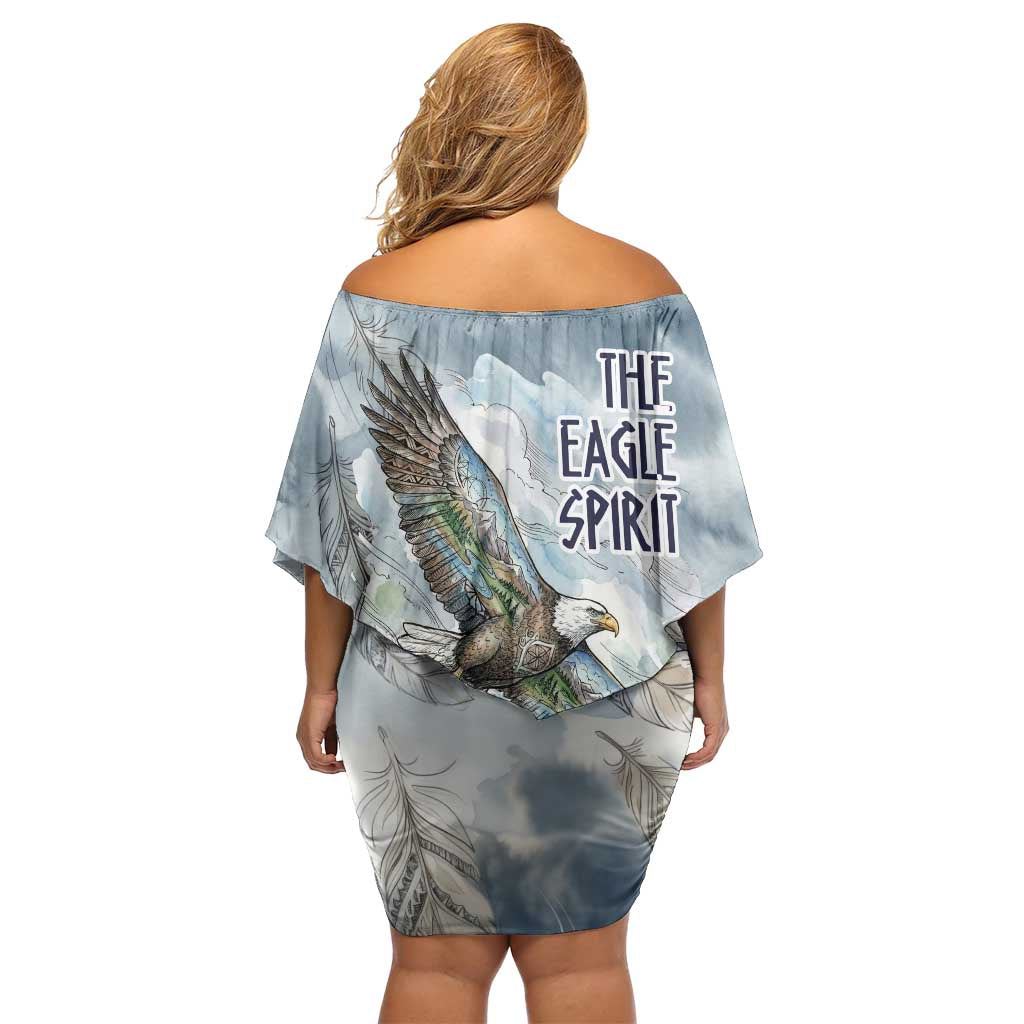The Eagle Spirit Native American Off Shoulder Short Dress Soaring Bald Eagle and Tribal Feathers Watercolor Sky - Wonder Print Shop