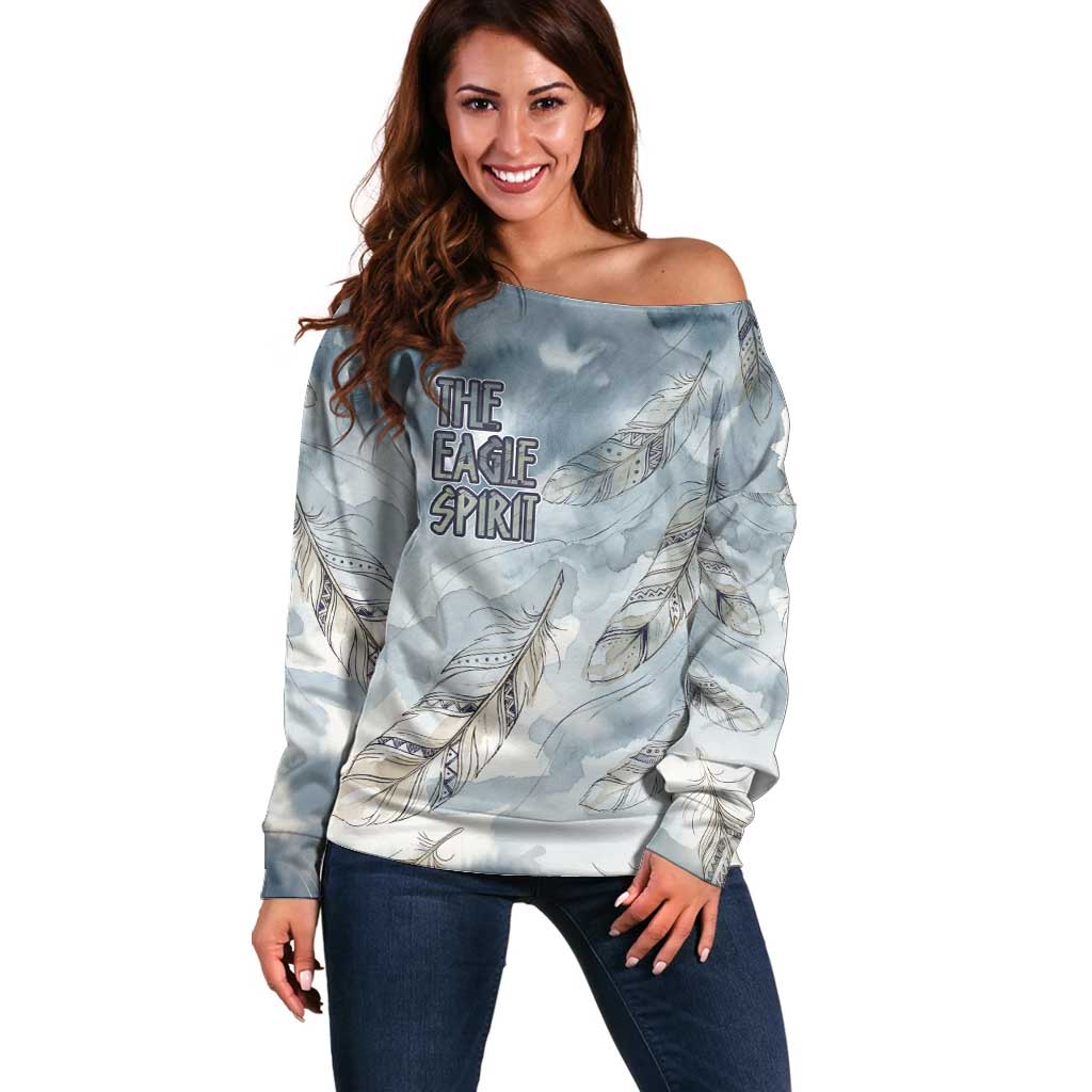 The Eagle Spirit Native American Off Shoulder Sweater Soaring Bald Eagle and Tribal Feathers Watercolor Sky - Wonder Print Shop