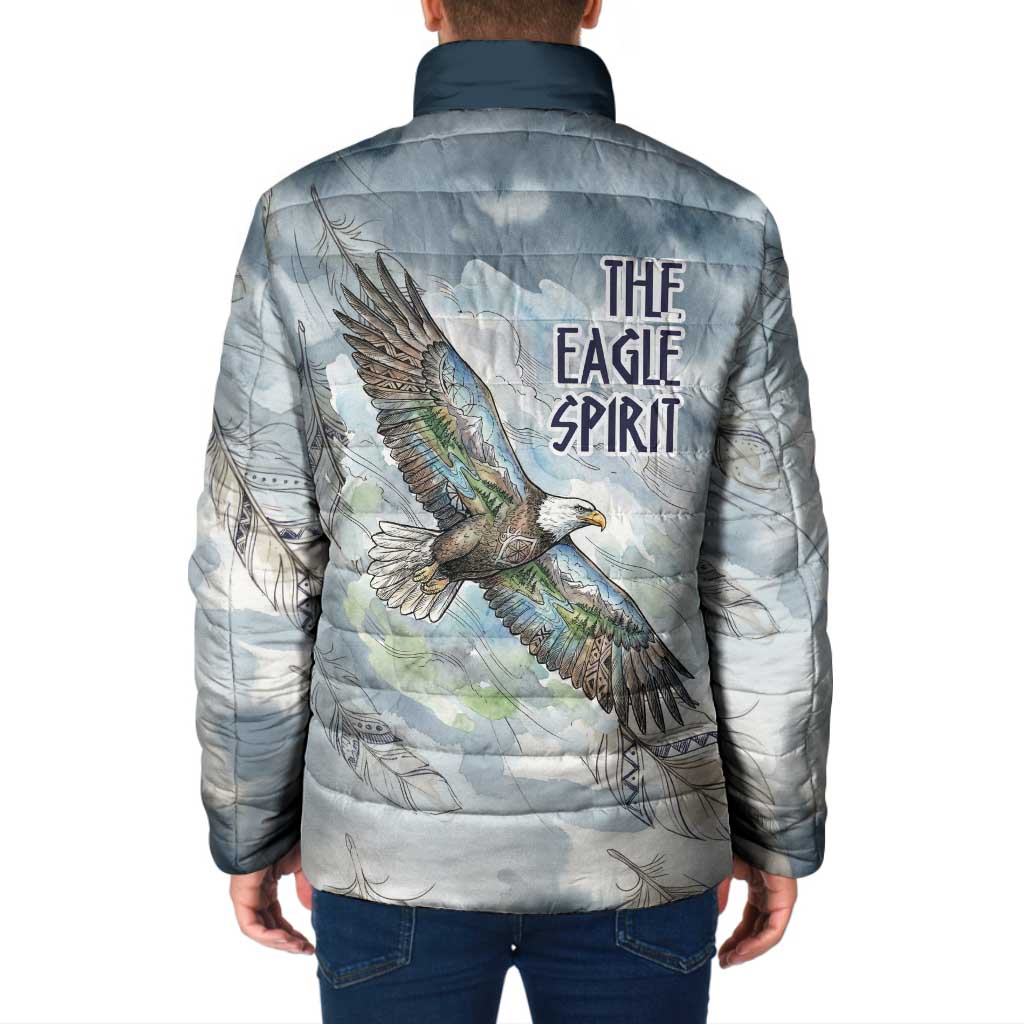 The Eagle Spirit Native American Padded Jacket Soaring Bald Eagle and Tribal Feathers Watercolor Sky - Wonder Print Shop