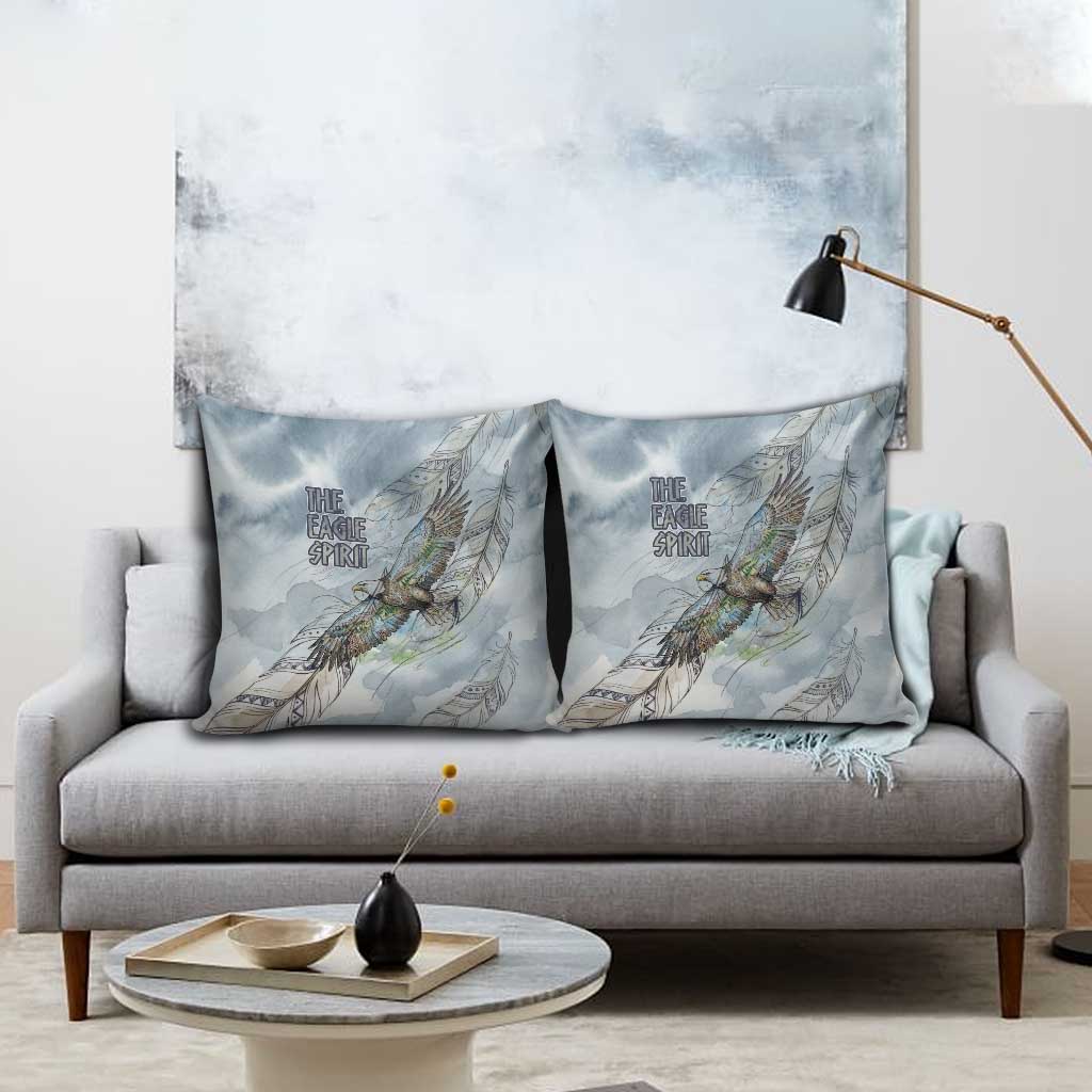 The Eagle Spirit Native American Pillow Cover Soaring Bald Eagle and Tribal Feathers Watercolor Sky - Wonder Print Shop