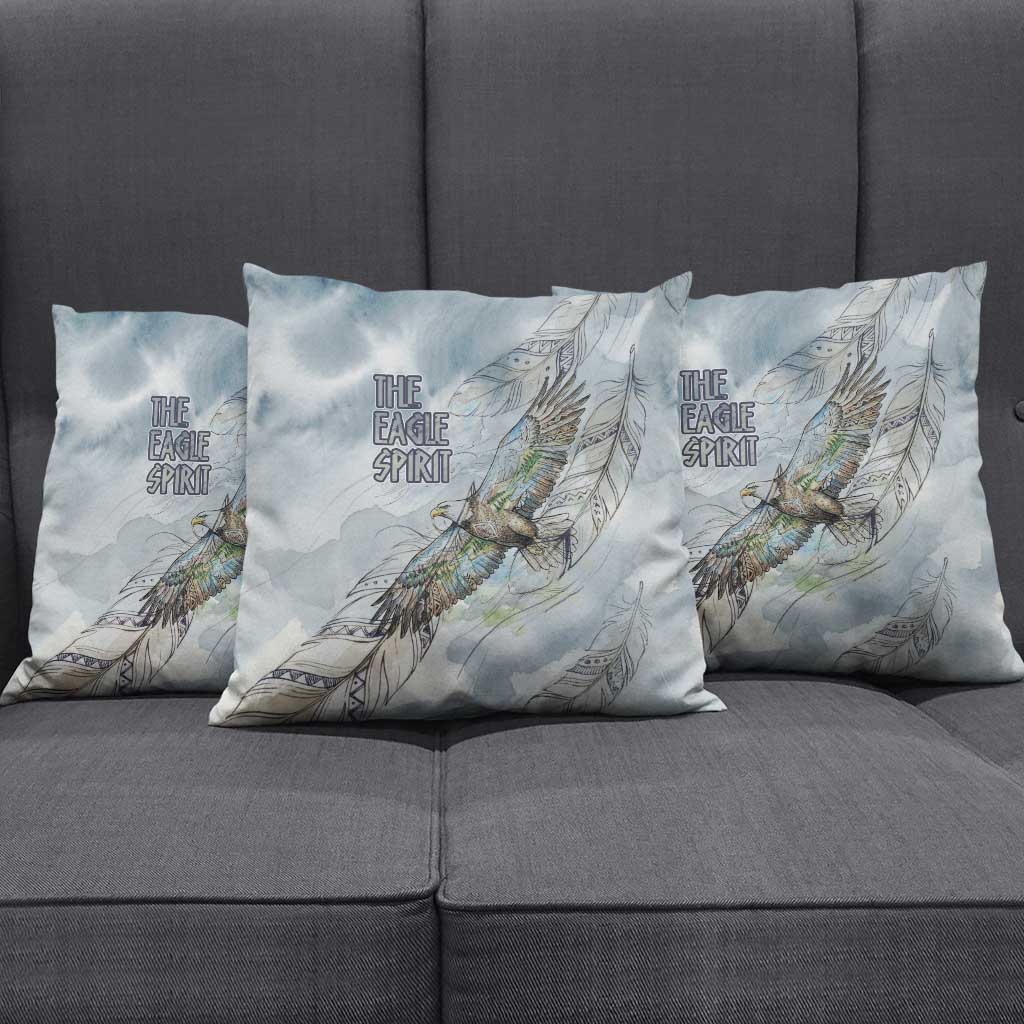 The Eagle Spirit Native American Pillow Cover Soaring Bald Eagle and Tribal Feathers Watercolor Sky - Wonder Print Shop