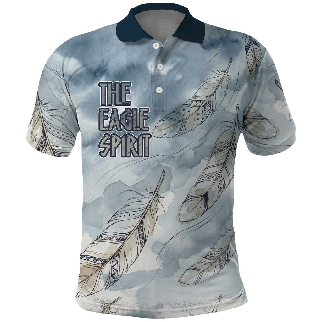 The Eagle Spirit Native American Polo Shirt Soaring Bald Eagle and Tribal Feathers Watercolor Sky - Wonder Print Shop