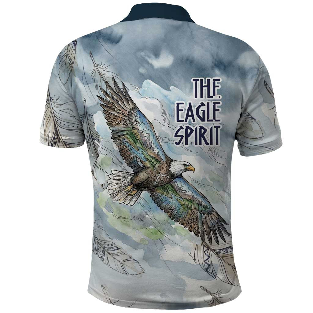 The Eagle Spirit Native American Polo Shirt Soaring Bald Eagle and Tribal Feathers Watercolor Sky - Wonder Print Shop