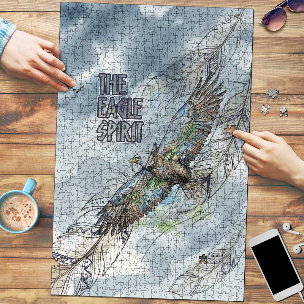 The Eagle Spirit Native American Puzzle Soaring Bald Eagle and Tribal Feathers Watercolor Sky - Wonder Print Shop
