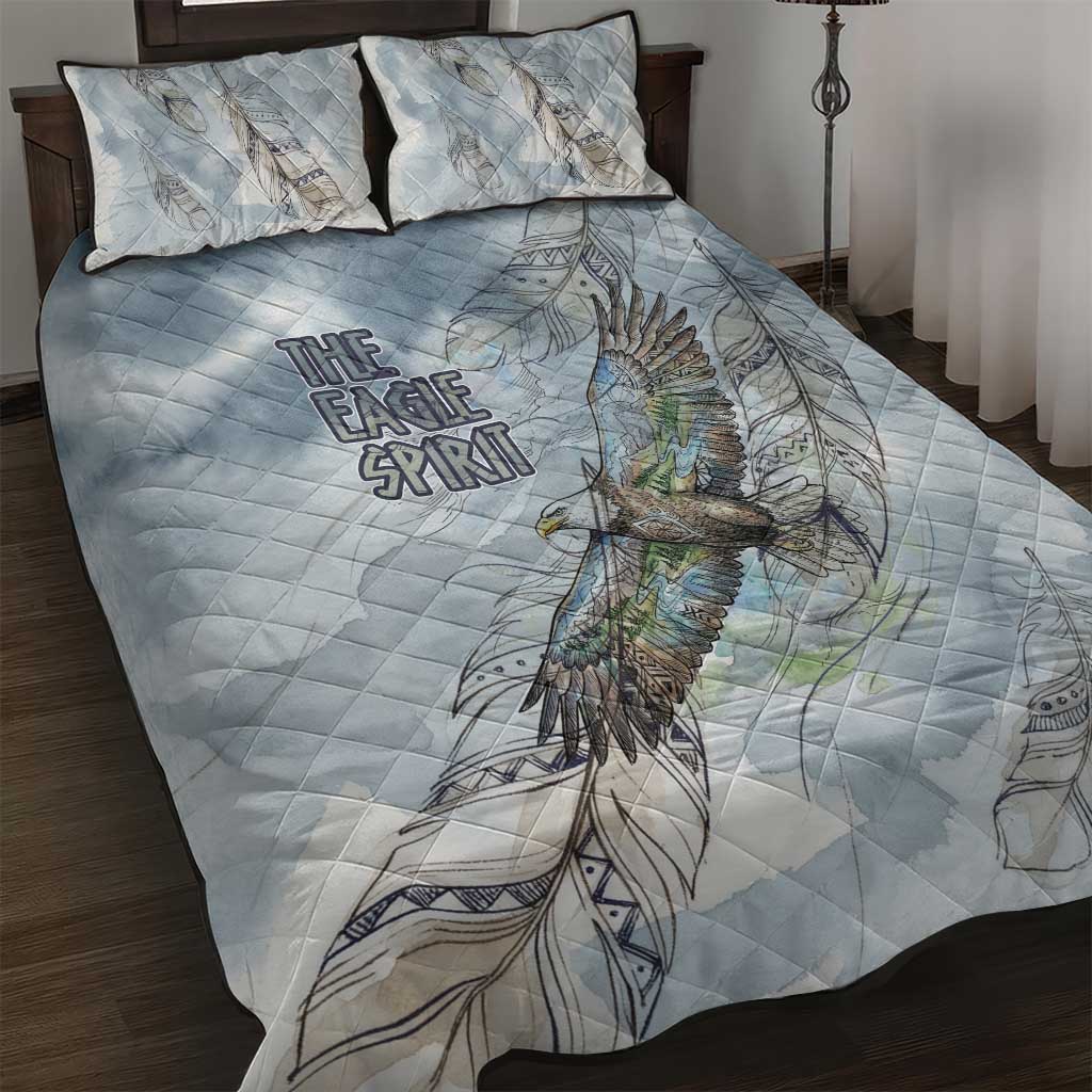 The Eagle Spirit Native American Quilt Bed Set Soaring Bald Eagle and Tribal Feathers Watercolor Sky - Wonder Print Shop