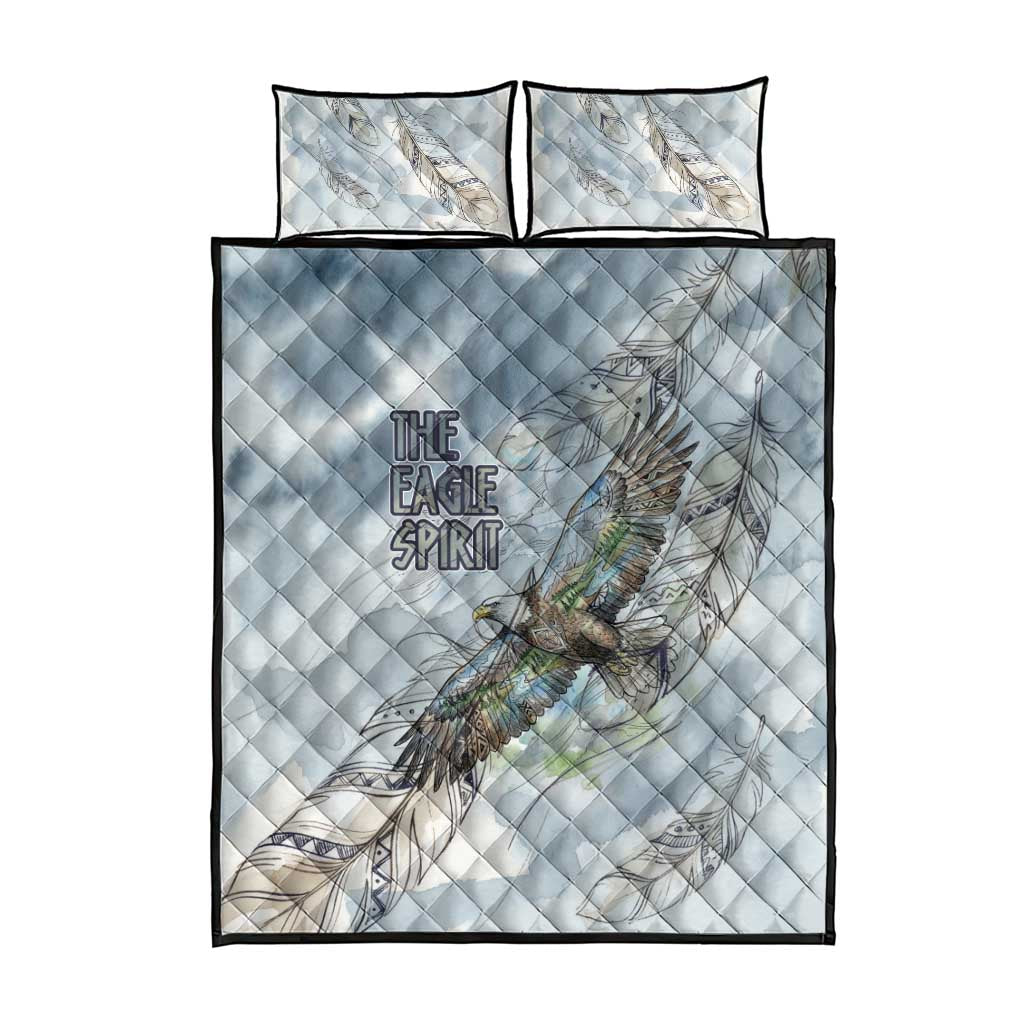 The Eagle Spirit Native American Quilt Bed Set Soaring Bald Eagle and Tribal Feathers Watercolor Sky - Wonder Print Shop