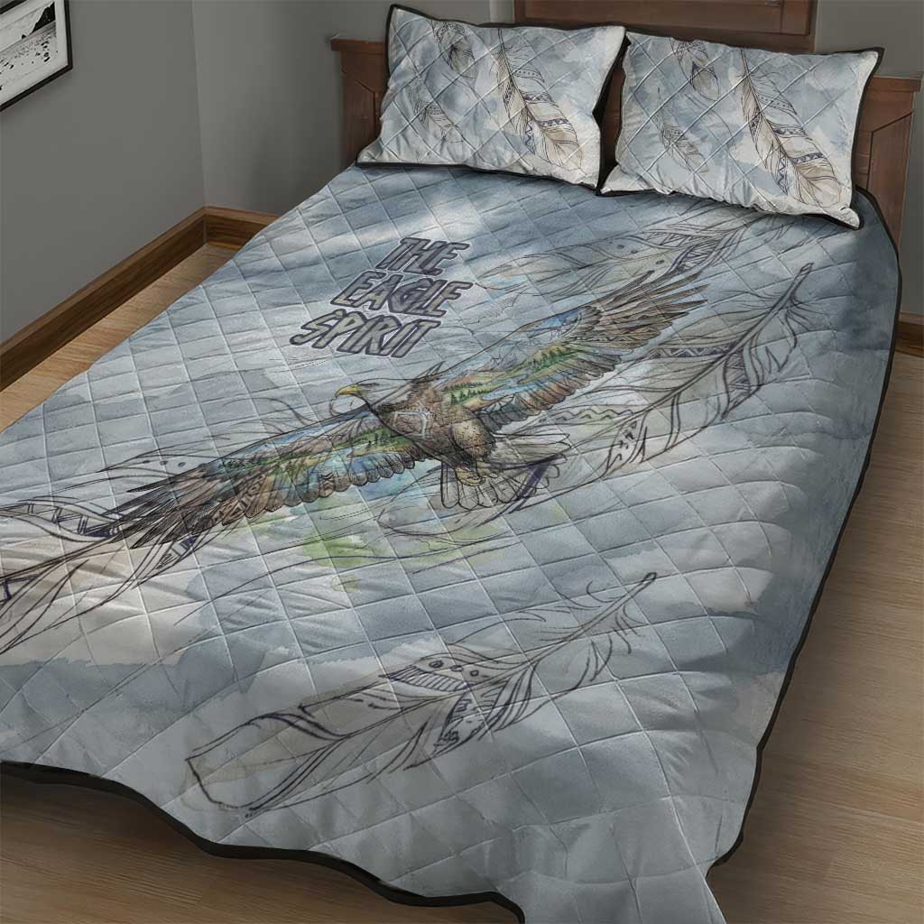 The Eagle Spirit Native American Quilt Bed Set Soaring Bald Eagle and Tribal Feathers Watercolor Sky - Wonder Print Shop