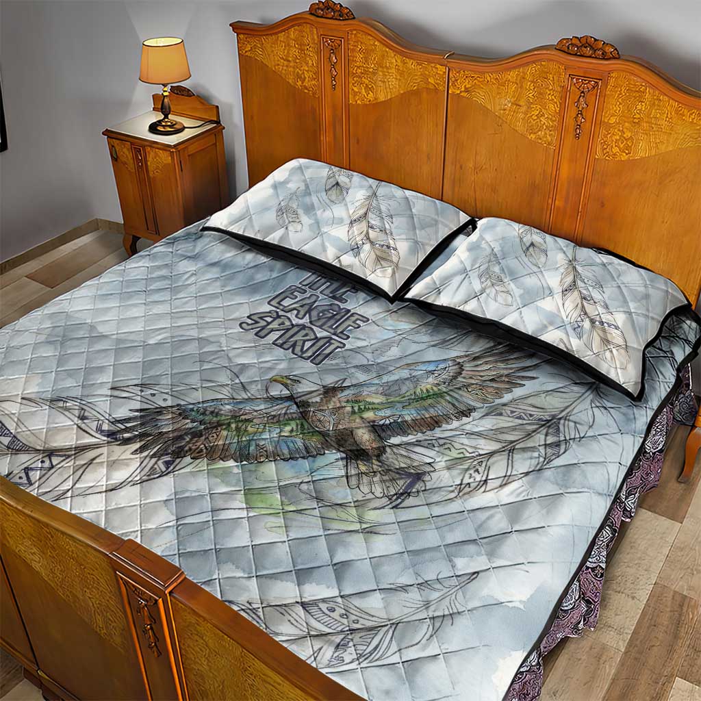 The Eagle Spirit Native American Quilt Bed Set Soaring Bald Eagle and Tribal Feathers Watercolor Sky - Wonder Print Shop
