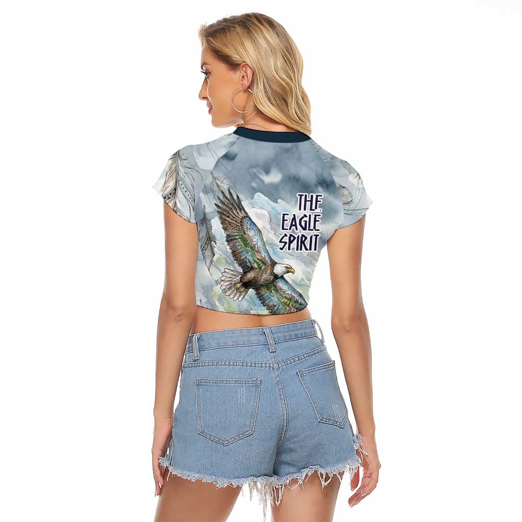 The Eagle Spirit Native American Raglan Cropped T Shirt Soaring Bald Eagle and Tribal Feathers Watercolor Sky - Wonder Print Shop