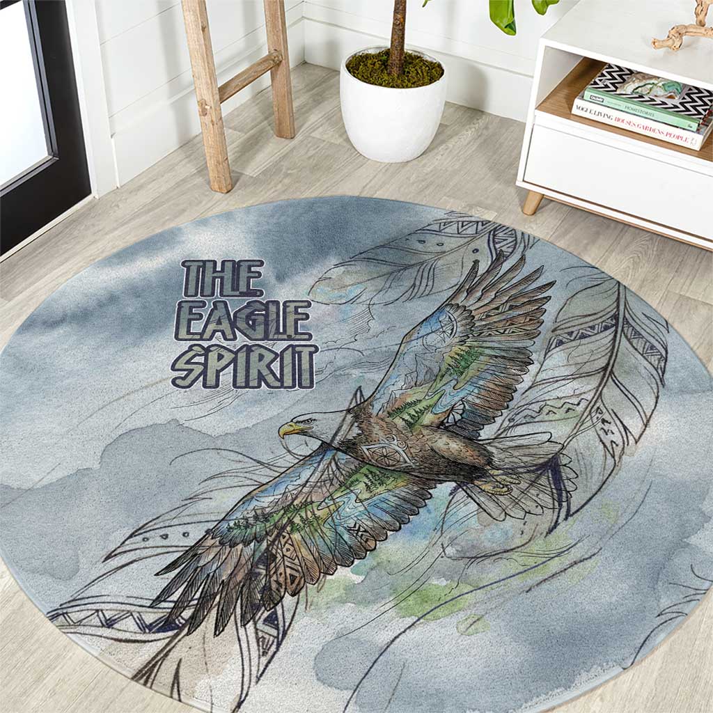 The Eagle Spirit Native American Round Carpet Soaring Bald Eagle and Tribal Feathers Watercolor Sky - Wonder Print Shop