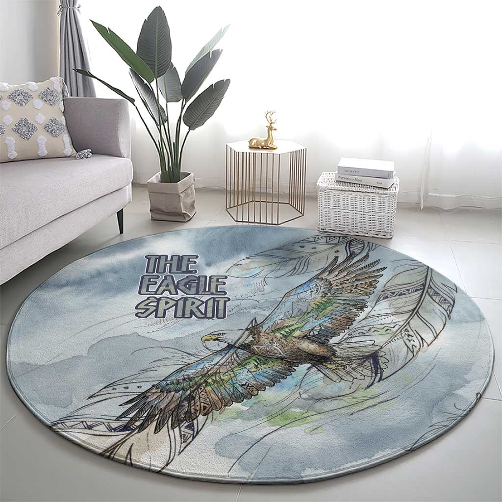 The Eagle Spirit Native American Round Carpet Soaring Bald Eagle and Tribal Feathers Watercolor Sky - Wonder Print Shop