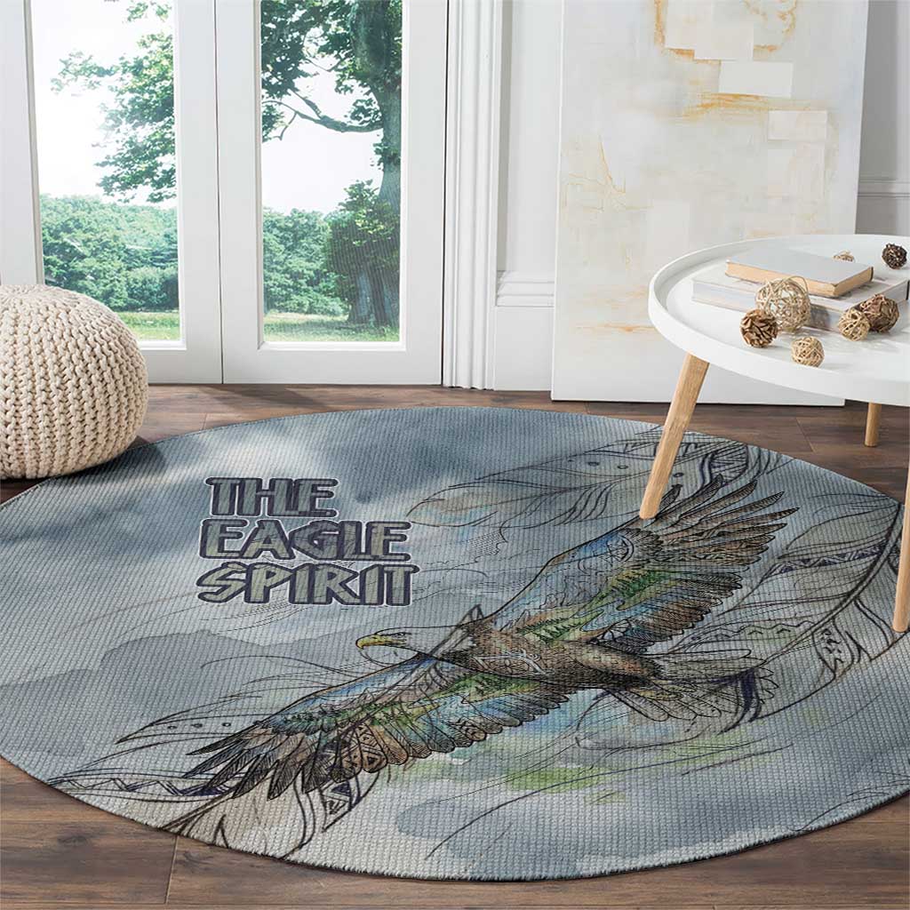 The Eagle Spirit Native American Round Carpet Soaring Bald Eagle and Tribal Feathers Watercolor Sky - Wonder Print Shop