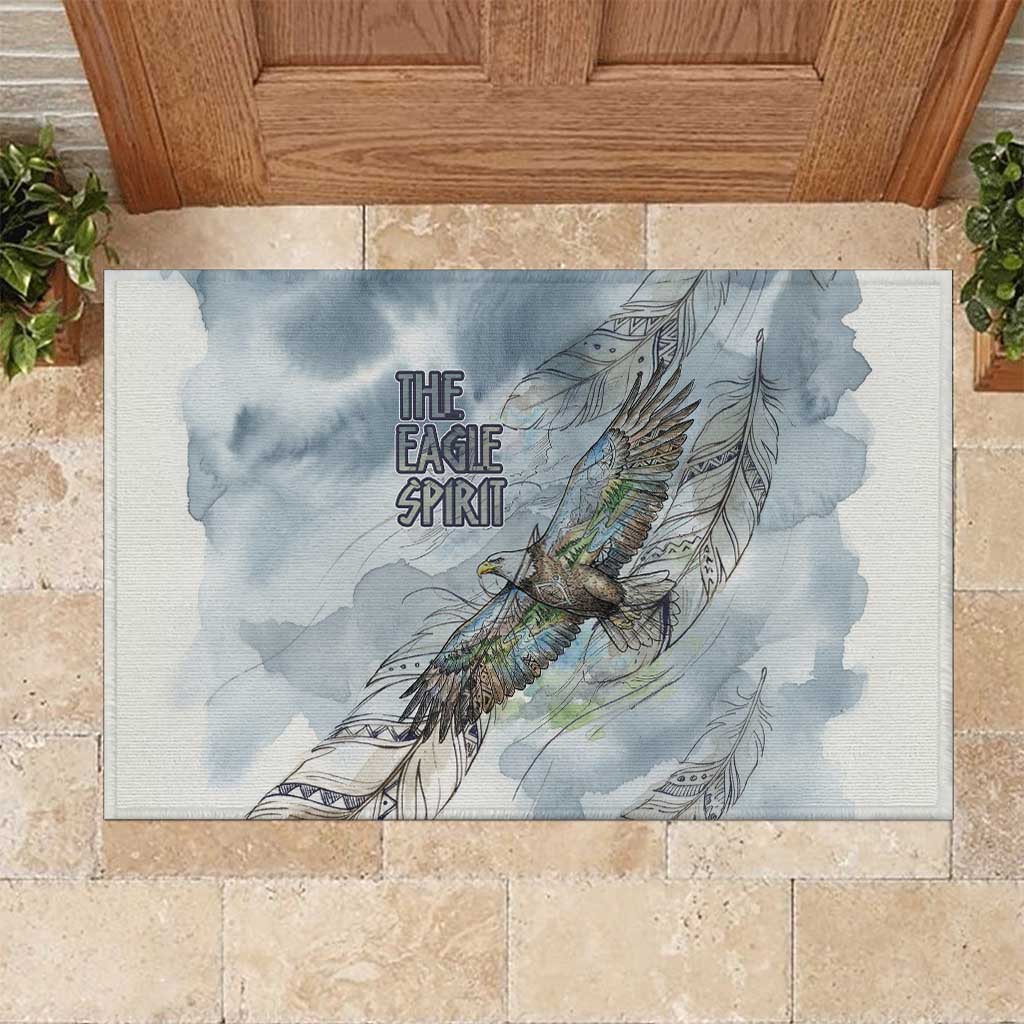 The Eagle Spirit Native American Rubber Doormat Soaring Bald Eagle and Tribal Feathers Watercolor Sky - Wonder Print Shop