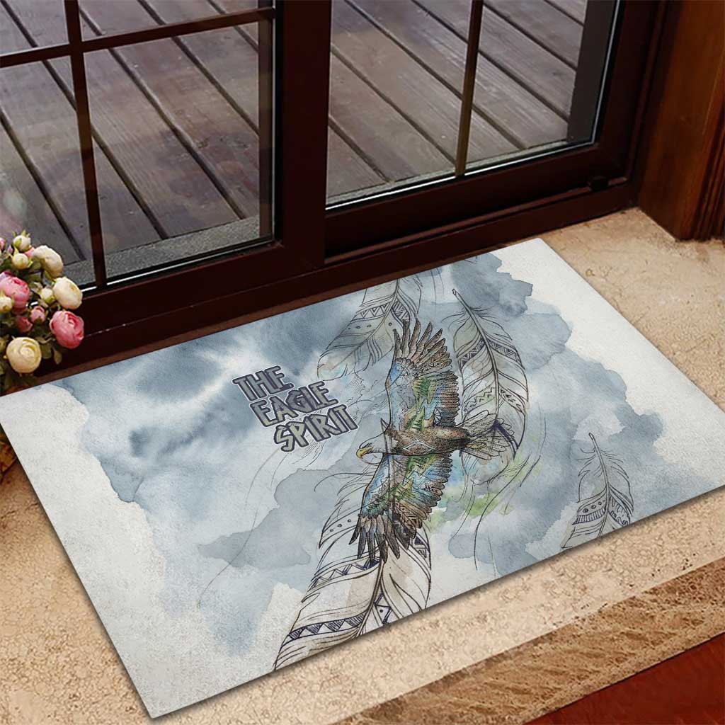 The Eagle Spirit Native American Rubber Doormat Soaring Bald Eagle and Tribal Feathers Watercolor Sky - Wonder Print Shop