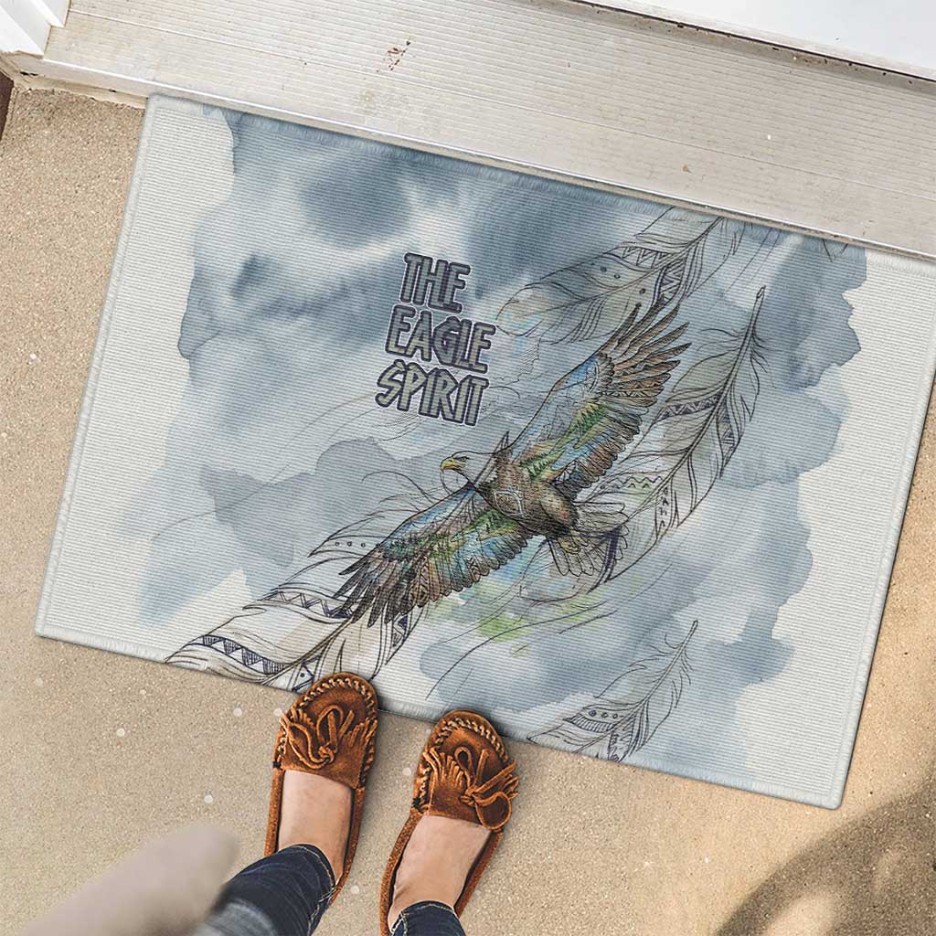 The Eagle Spirit Native American Rubber Doormat Soaring Bald Eagle and Tribal Feathers Watercolor Sky - Wonder Print Shop