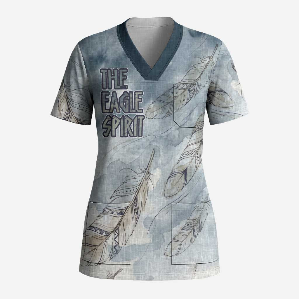 The Eagle Spirit Native American Scrub Top Soaring Bald Eagle and Tribal Feathers Watercolor Sky - Wonder Print Shop