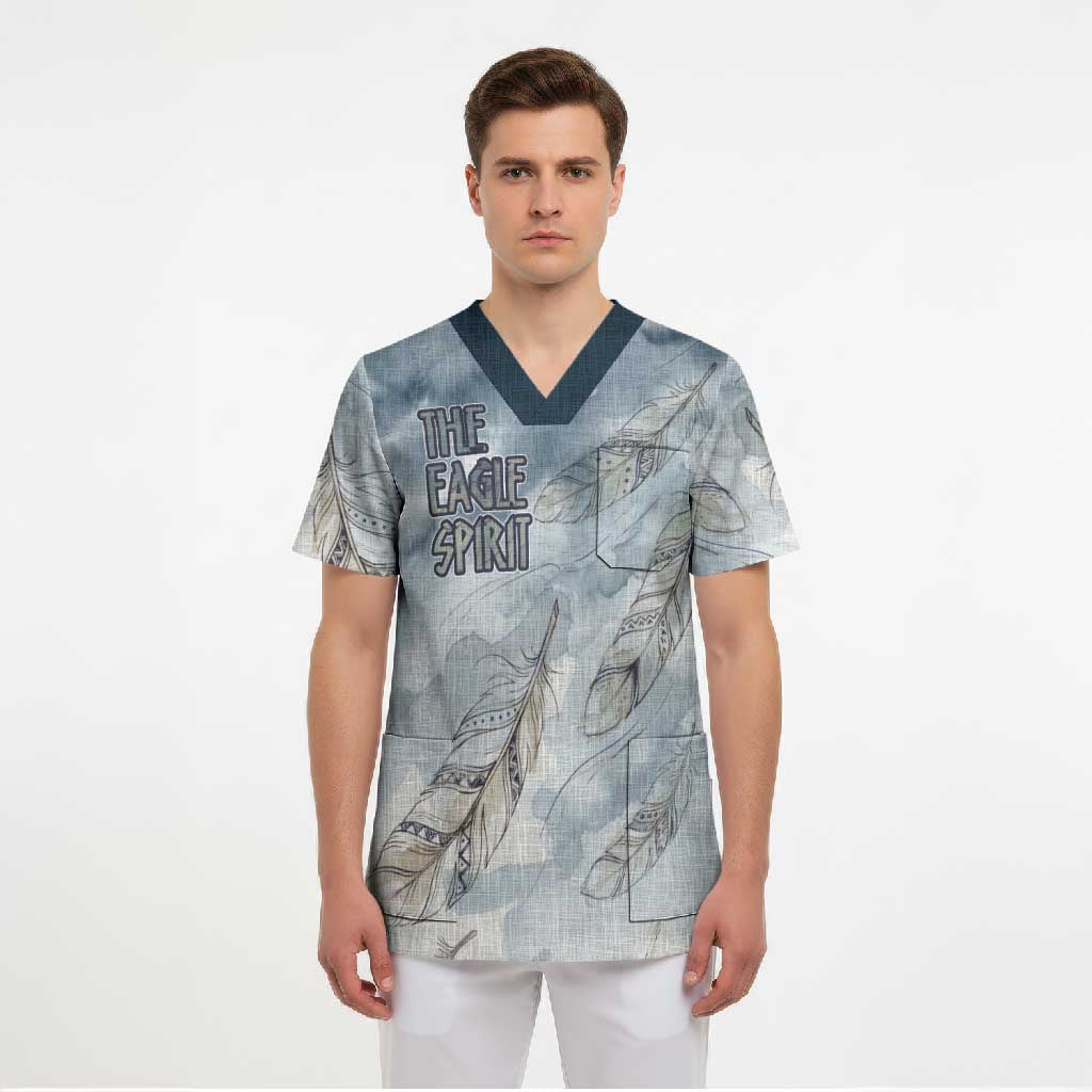 The Eagle Spirit Native American Scrub Top Soaring Bald Eagle and Tribal Feathers Watercolor Sky - Wonder Print Shop