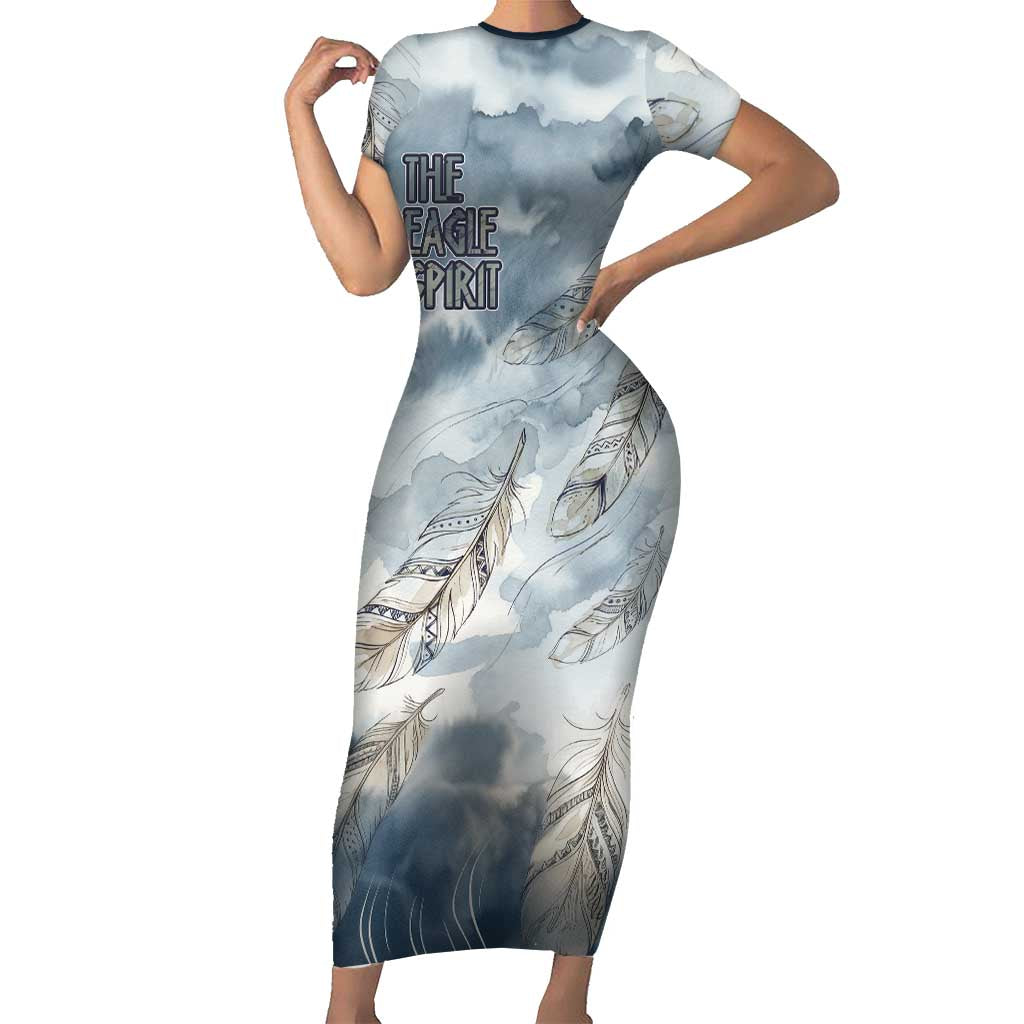 The Eagle Spirit Native American Short Sleeve Bodycon Dress Soaring Bald Eagle and Tribal Feathers Watercolor Sky - Wonder Print Shop
