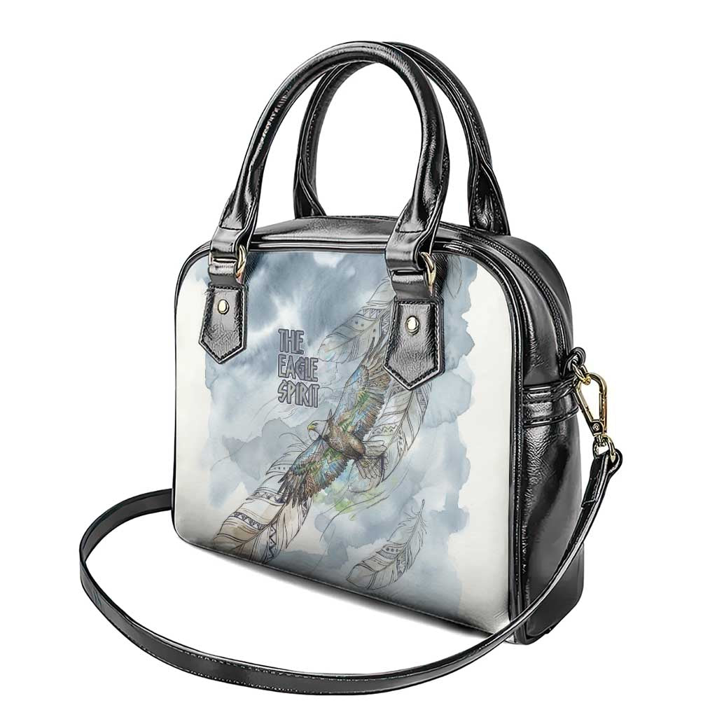 The Eagle Spirit Native American Shoulder Handbag Soaring Bald Eagle and Tribal Feathers Watercolor Sky - Wonder Print Shop