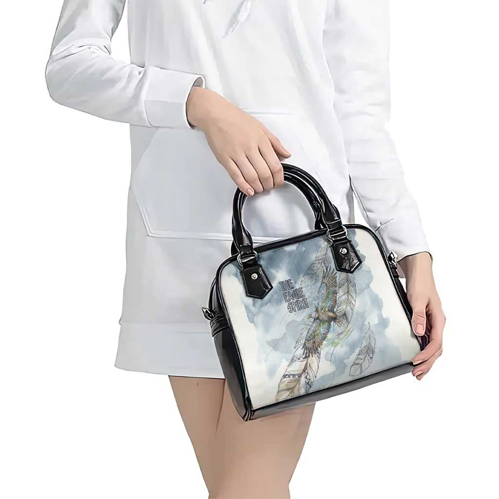The Eagle Spirit Native American Shoulder Handbag Soaring Bald Eagle and Tribal Feathers Watercolor Sky - Wonder Print Shop
