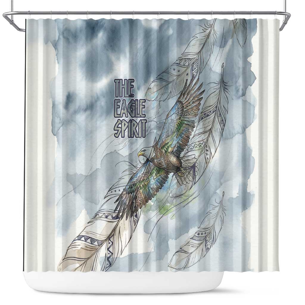 The Eagle Spirit Native American Shower Curtain Soaring Bald Eagle and Tribal Feathers Watercolor Sky - Wonder Print Shop
