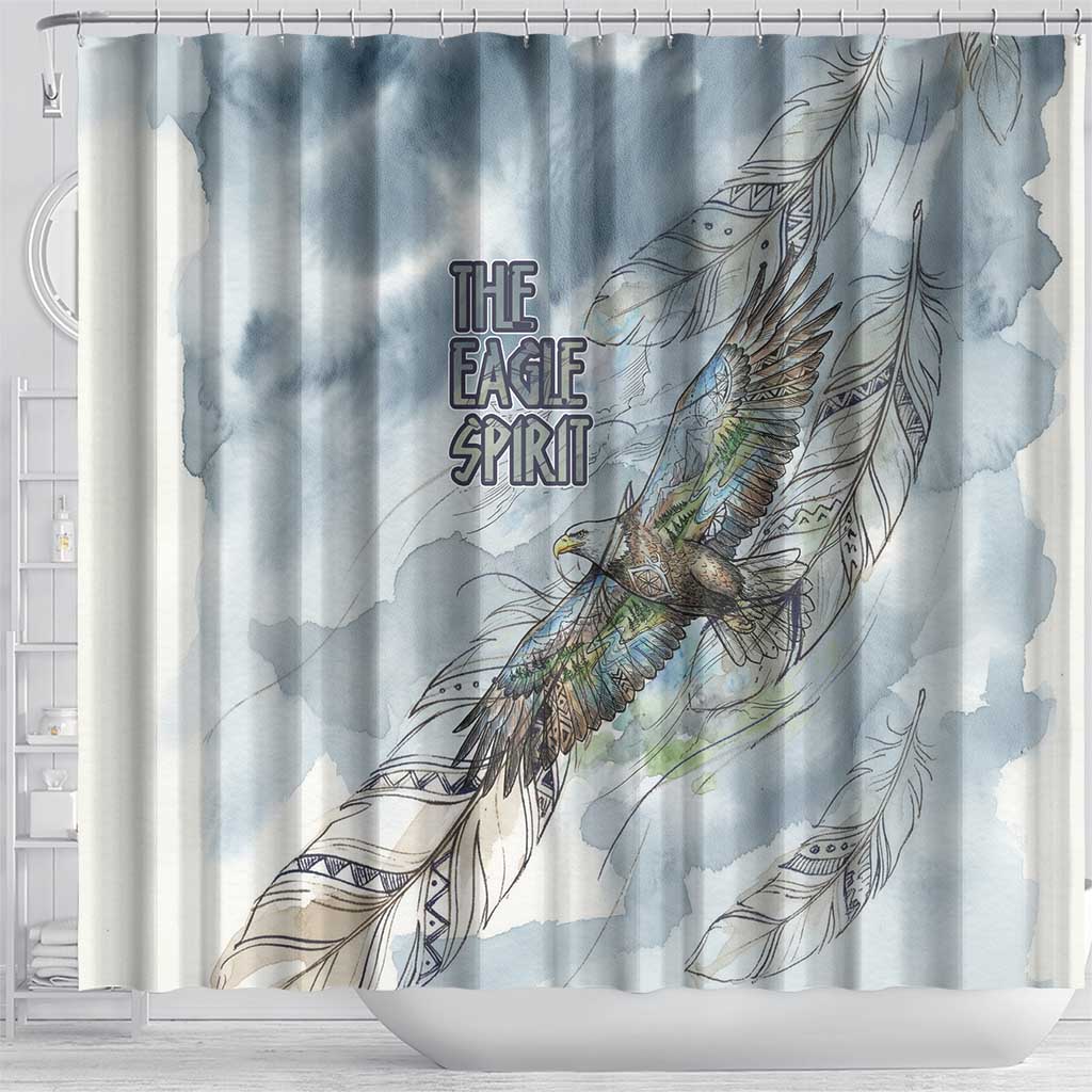 The Eagle Spirit Native American Shower Curtain Soaring Bald Eagle and Tribal Feathers Watercolor Sky - Wonder Print Shop