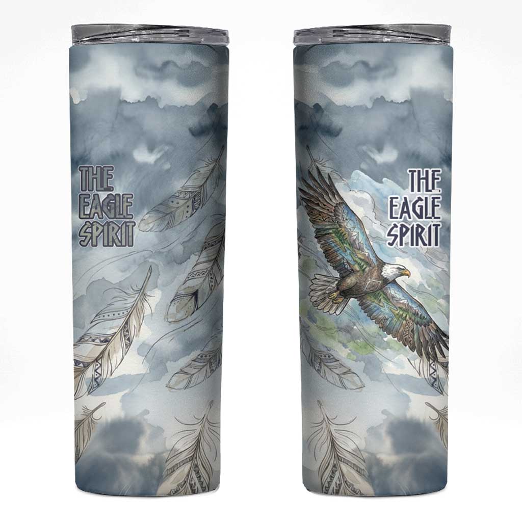 The Eagle Spirit Native American Skinny Tumbler Soaring Bald Eagle and Tribal Feathers Watercolor Sky - Wonder Print Shop