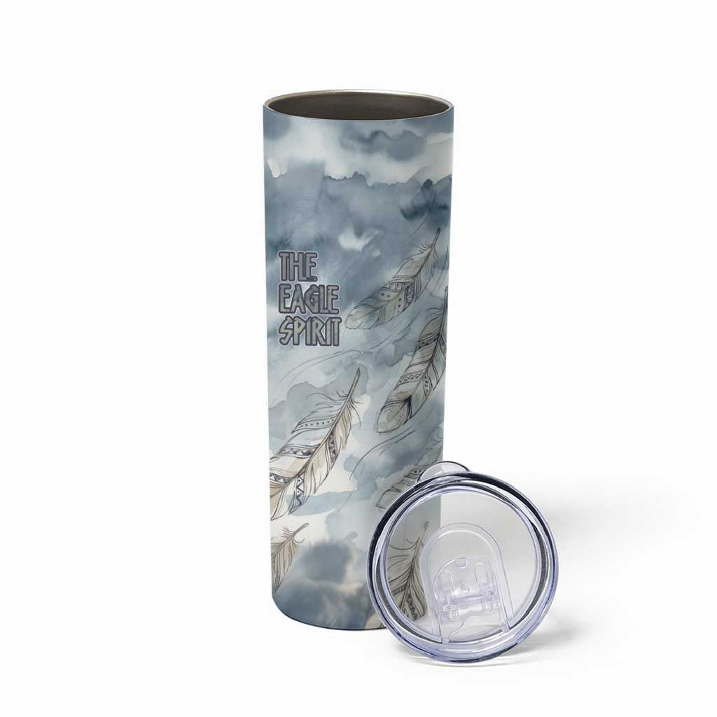 The Eagle Spirit Native American Skinny Tumbler Soaring Bald Eagle and Tribal Feathers Watercolor Sky - Wonder Print Shop