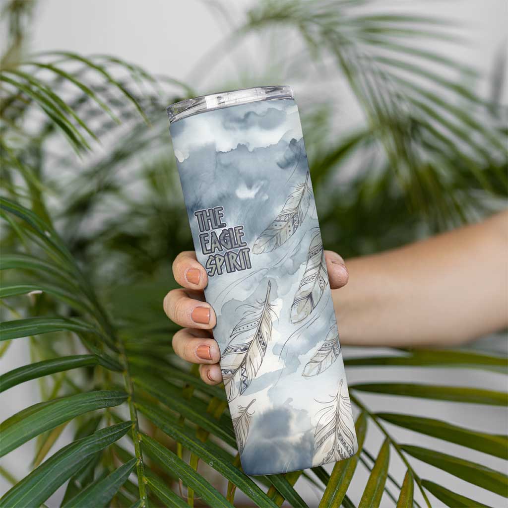 The Eagle Spirit Native American Skinny Tumbler Soaring Bald Eagle and Tribal Feathers Watercolor Sky - Wonder Print Shop