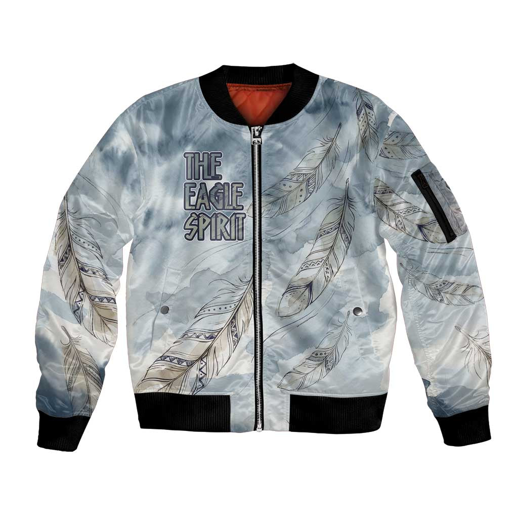 The Eagle Spirit Native American Sleeve Zip Bomber Jacket Soaring Bald Eagle and Tribal Feathers Watercolor Sky - Wonder Print Shop