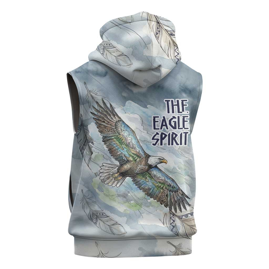 The Eagle Spirit Native American Sleeveless Hoodie Soaring Bald Eagle and Tribal Feathers Watercolor Sky - Wonder Print Shop