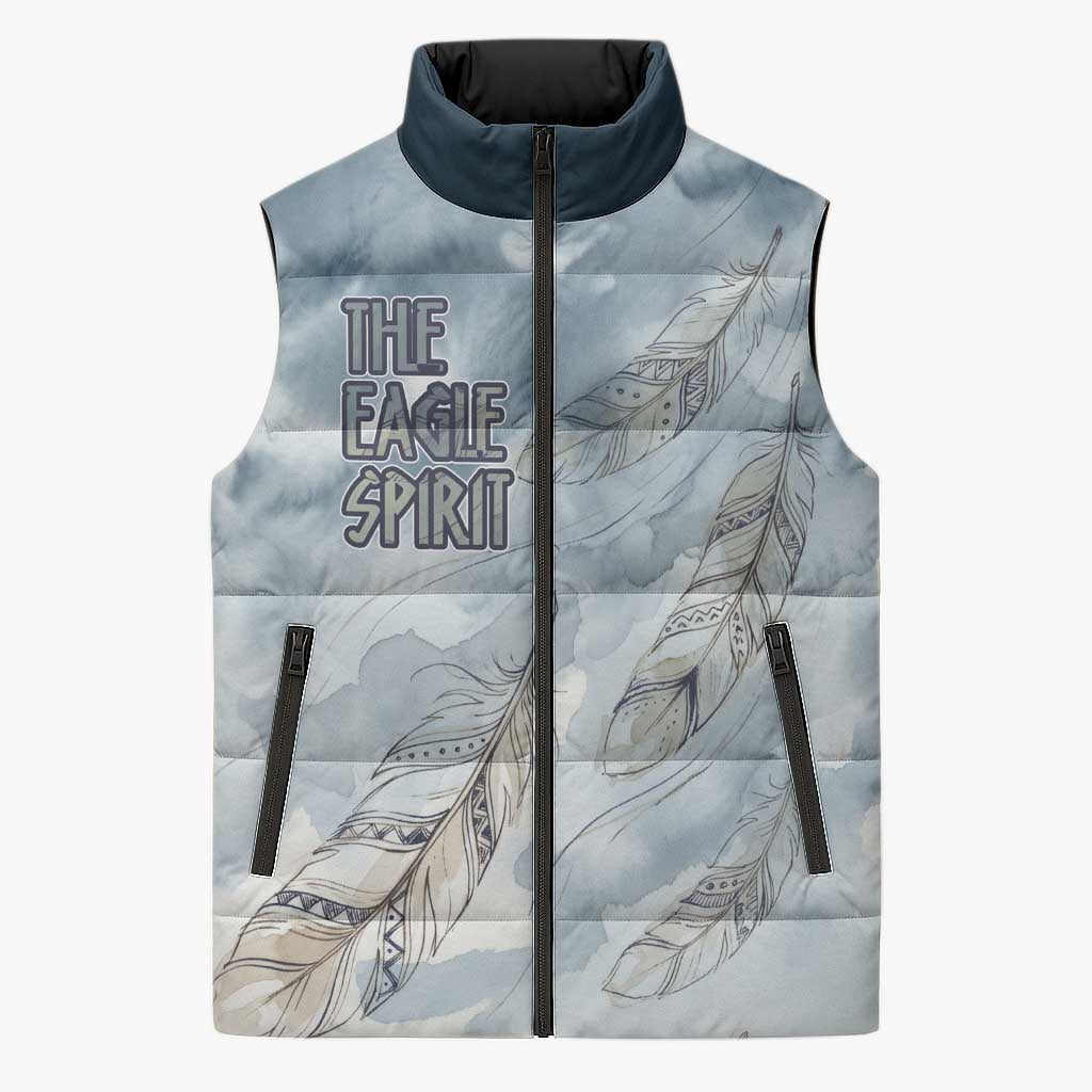 The Eagle Spirit Native American Sleeveless Puffer Jacket Soaring Bald Eagle and Tribal Feathers Watercolor Sky - Wonder Print Shop