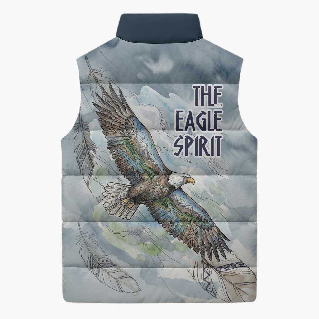 The Eagle Spirit Native American Sleeveless Puffer Jacket Soaring Bald Eagle and Tribal Feathers Watercolor Sky - Wonder Print Shop