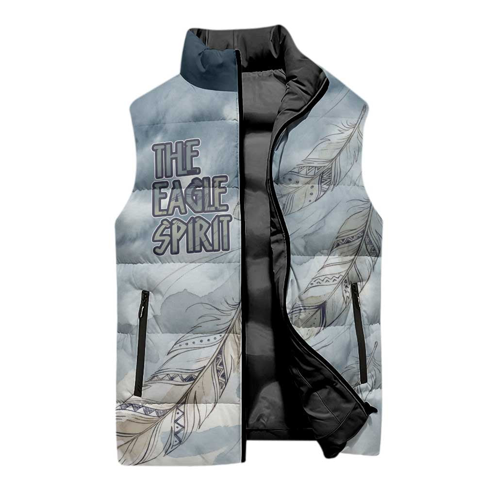 The Eagle Spirit Native American Sleeveless Puffer Jacket Soaring Bald Eagle and Tribal Feathers Watercolor Sky - Wonder Print Shop