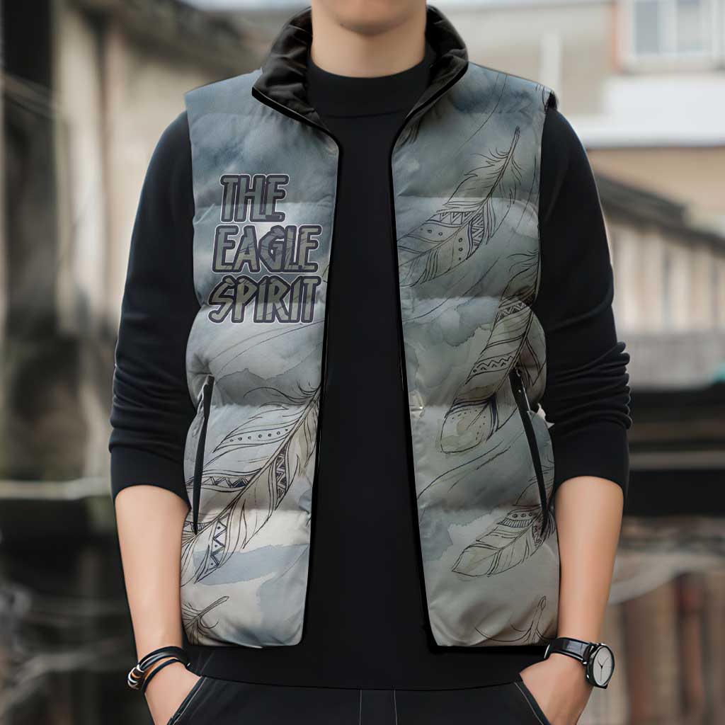 The Eagle Spirit Native American Sleeveless Puffer Jacket Soaring Bald Eagle and Tribal Feathers Watercolor Sky - Wonder Print Shop