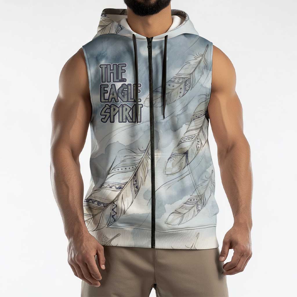 The Eagle Spirit Native American Sleeveless Zip Hoodie Soaring Bald Eagle and Tribal Feathers Watercolor Sky - Wonder Print Shop