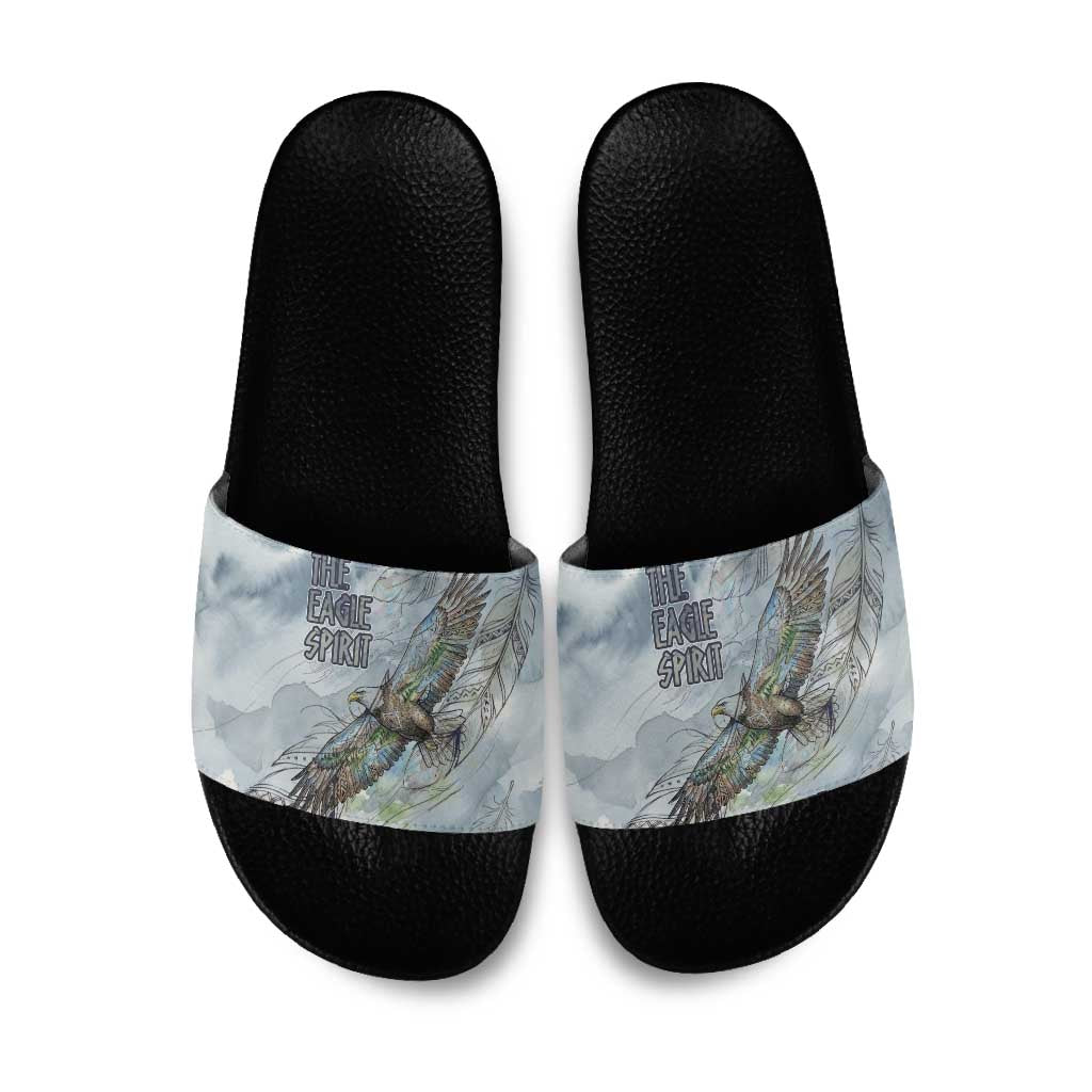 The Eagle Spirit Native American Slide Sandals Soaring Bald Eagle and Tribal Feathers Watercolor Sky - Wonder Print Shop